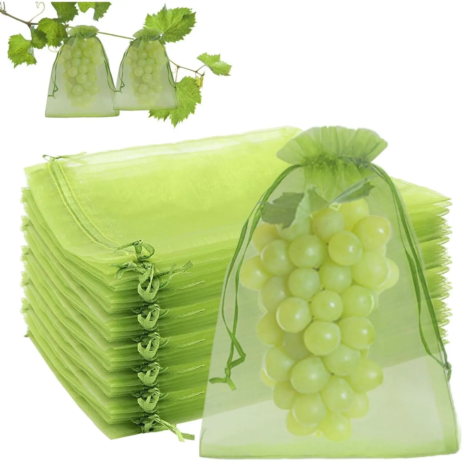 100 Pcs Fruit Protection Bags, 8 x 12 Inch Green Netting Cover Bags with Drawstring, Pest Barrier for Trees, Garden Cover Mesh Bags for Plant Fruit, Flower and Vegetables