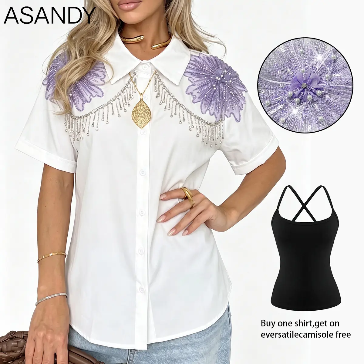 ASANDY Women Pastel Purple Flower Beaded Tassel Chain White Shirt, Relaxed Fit Short Sleeve Collared Blouse, Free Cross Back Stretch Camisole Included, Brunch & Office Two Piece Outfit