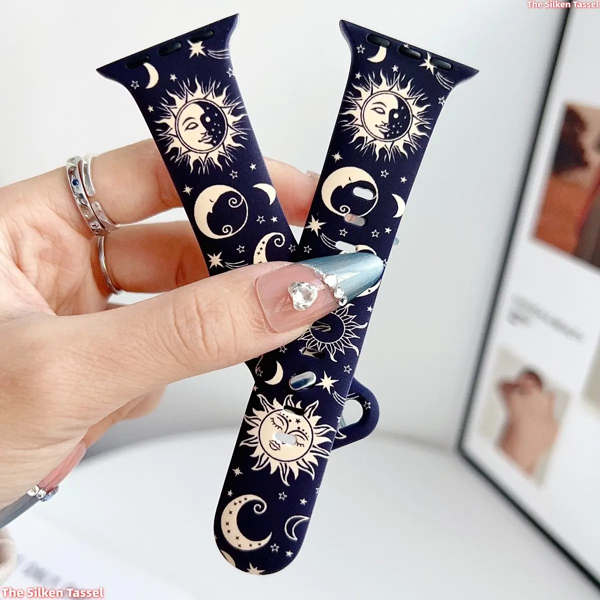 Mystical Celestial Watch Strap, Sun Moon Stars Printed Silicone Band, Soft Breathable Replacement Wristband, Adjustable for All-Day Wear (Band Only)