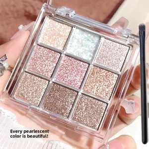 Vibrant 9-Color Eyeshadow Palette with Eye Brush, Assorted Shimmer & Fine Glitter Shades, Ultra-Fine Smooth Powder, Highly Pigmented, Sheer Long-Lasting Formula with No Fallout, Brightens & Enlarges Eye Contours,