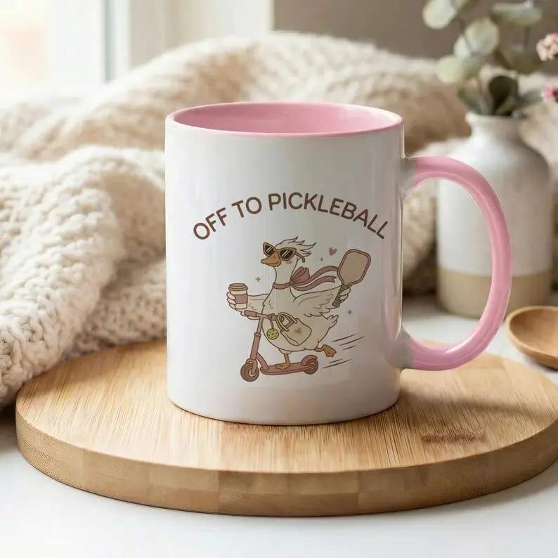 Off To Pickleball Mug, Funny Pickleball Player Coffee Cup, Whimsical Goose Drinkware Gift for Her, Cute Pickleball Lover Present