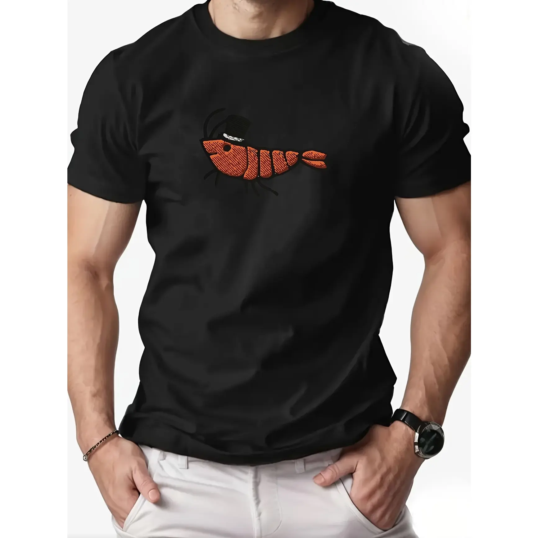 Shrimp With Top Hat Graphic Oversized Cotton T-Shirt, Funny Seafood Casual Outfit, Cute Cartoon Fashion Tee, SummerVibes,Valentine Gift For Him, Unique Holiday Present For Men