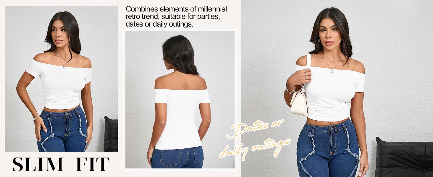 Womens Off The Shoulder Tops Summer Short Sleeve Slim Fit T Shirts Sexy Y2k Going Out Crop Tops Womens Off The Shoulder Tops Summer Short Sleeve Slim Fit T Shirts Sexy Y2k Going Out Crop Tops