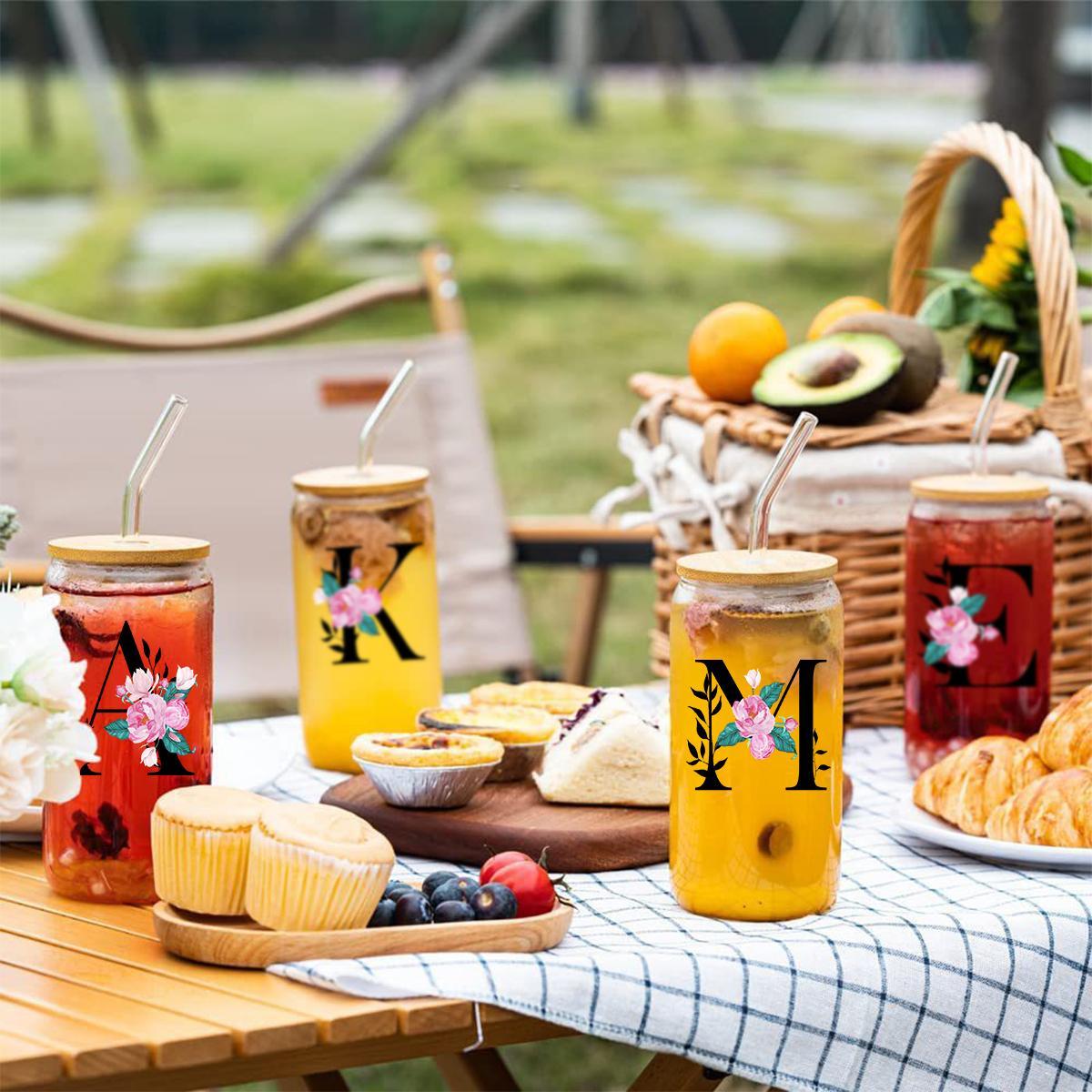 Letter & Flower Pattern Glass Cup with Straw & Brush, 1 Count 16oz Glass Cup, Drinking Cup for Home Office, Stylish Drinkware, Gift for Friend & Family