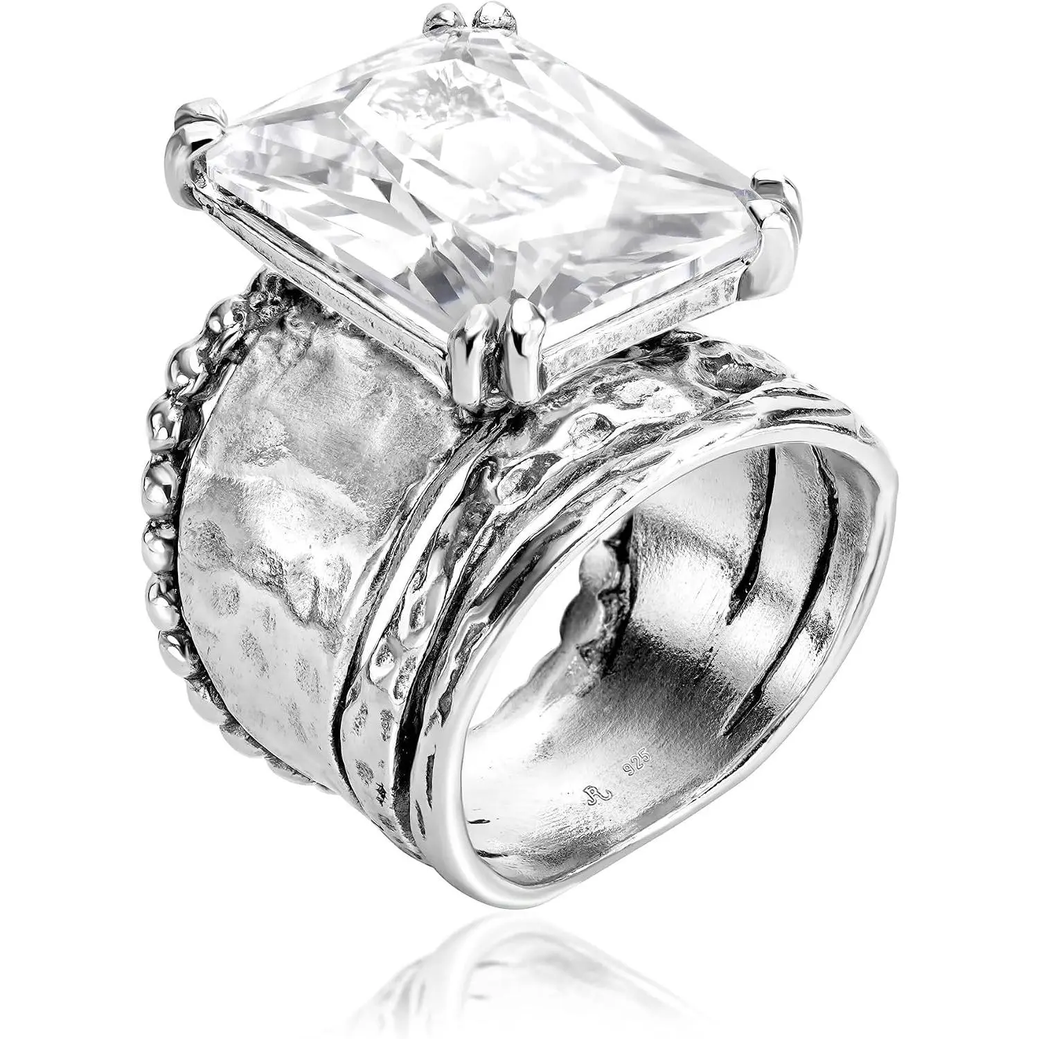JEWELRY 925 Sterling Silver Ring - Hammered Vintage Design with Octagon Shaped Cubic Zirconia - Hypoallergenic, Lead & Nickel Free - Artisan Handcrafted Statement Rings for Women