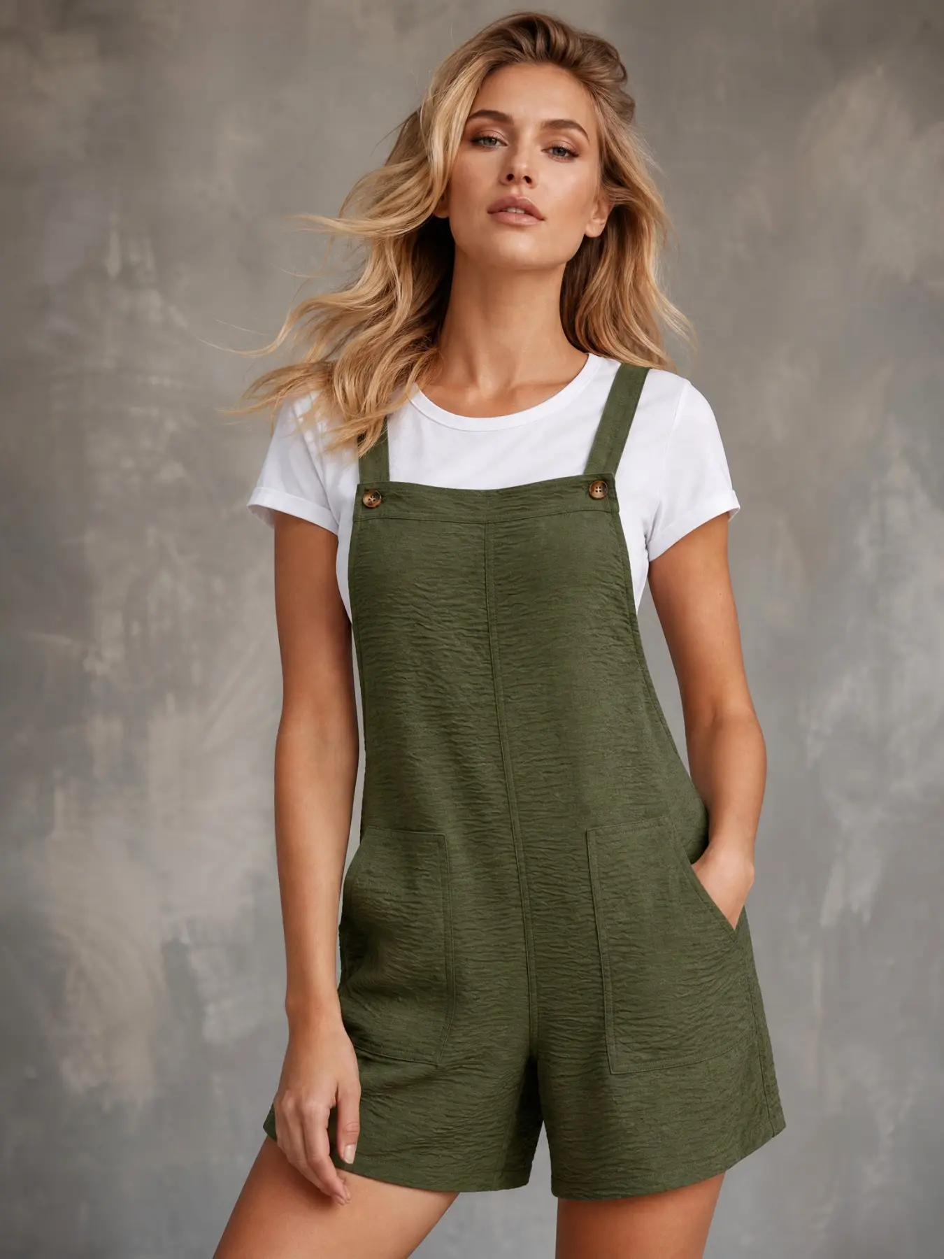 Adjustable Strap Jumpsuit with Dual Pockets, Loose Fit Casual Romper, Plain Design, Unlined, Comfortable and Stylish