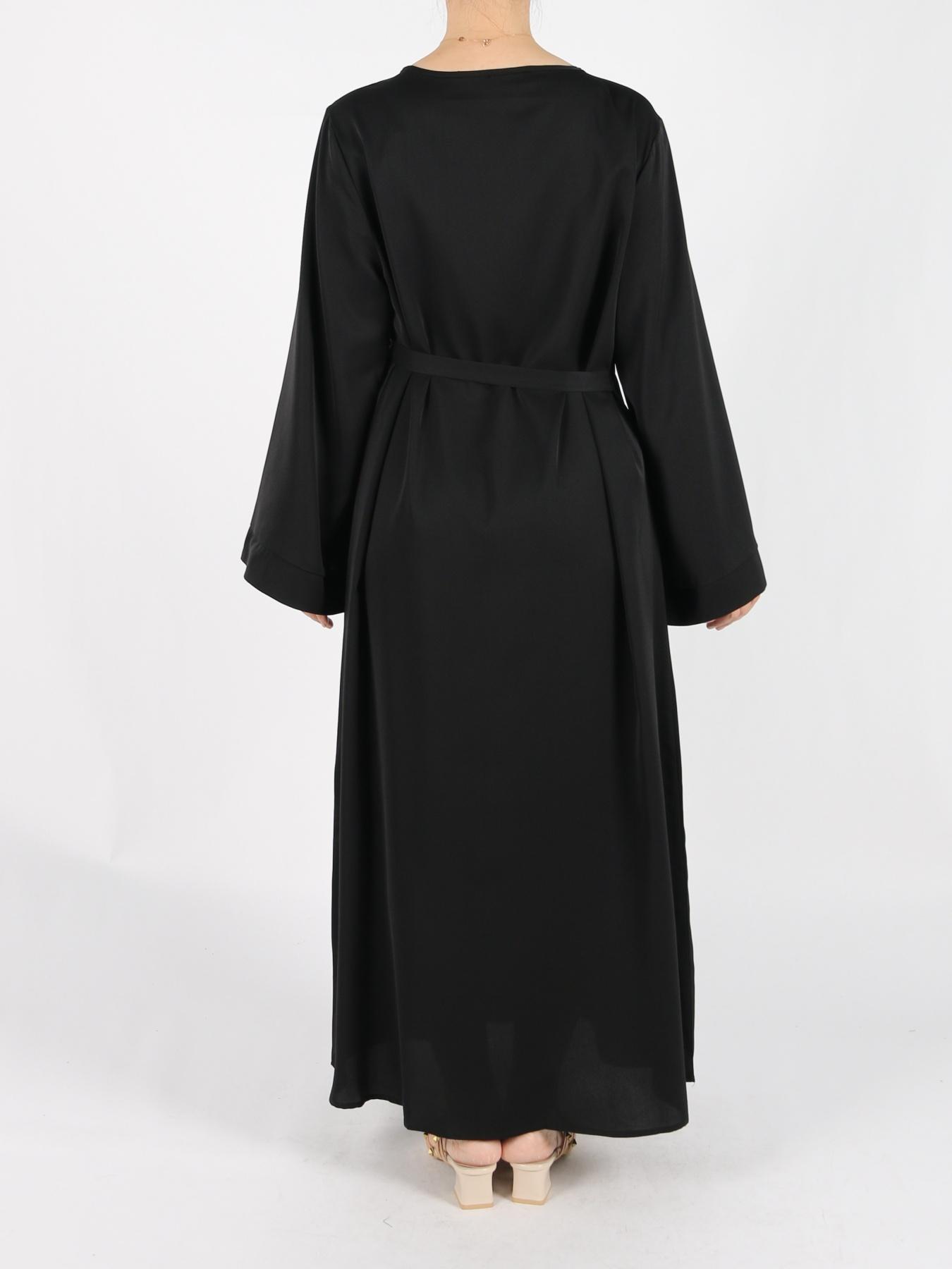 Women's Solid Belted Long Sleeve Kaftan Dress, Modest Round Neck Long Dress for Daily Wear, Casual Ladies Muslim Maxi Clothes for All Seasons, Modesty Muslim Clothing