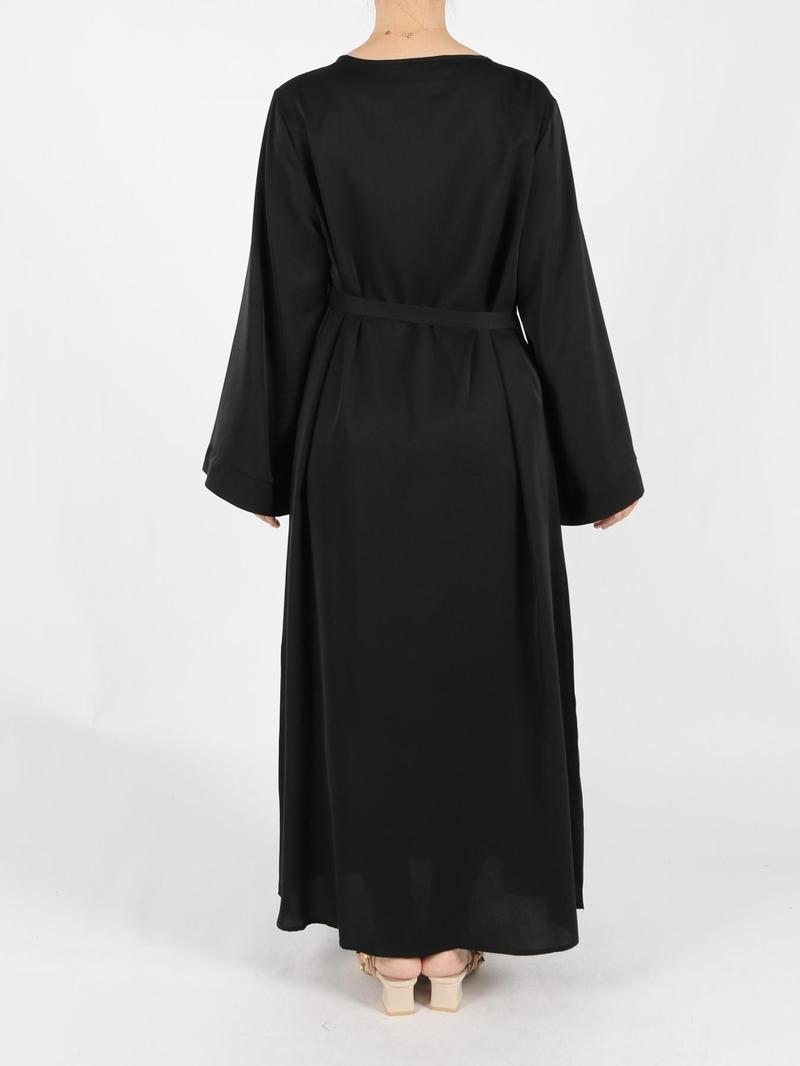 Women's Solid Belted Long Sleeve Kaftan Dress, Modest Round Neck Long Dress for Daily Wear, Casual Ladies Muslim Maxi Clothes for All Seasons, Modesty Muslim Clothing