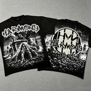 Harmony Vintage Washed Zombie Graveyard Graphic T-Shirt, Gothic Dark Horror Short Sleeve Tee, Rhinestone Drip Letter Streetwear Top, Oversized Unisex Heavy Cotton Tee, 90s Retro Punk Casual Shirt for Streetwear & Festival Outfits