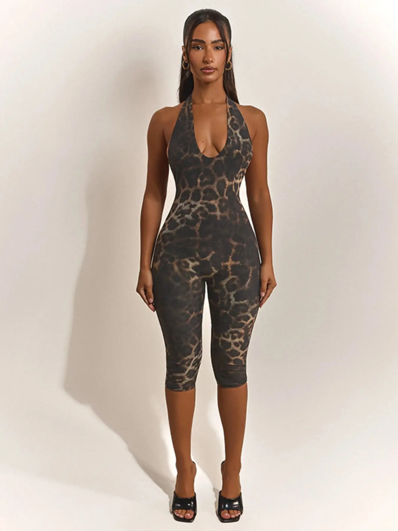 Women's Leopard Print Halter Jumpsuit, Backless Seven-Quarter Leopard Full Body Print Slim Fit, Evening Party Streetwear for Multiple Occasions