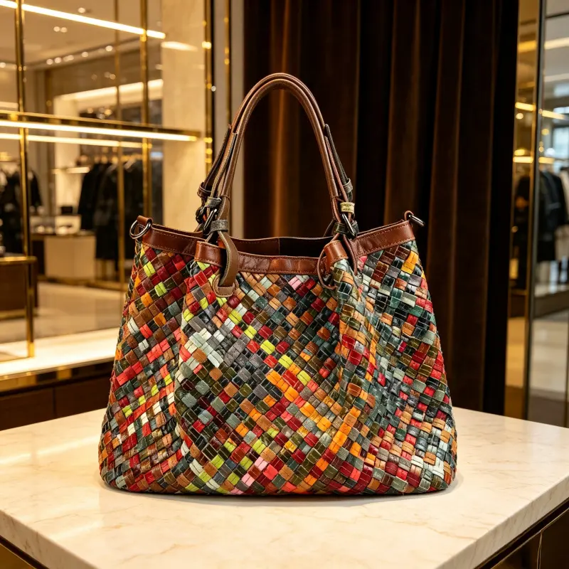 Women's Multicolor Patchwork Plaid Genuine Leather Tote Bag - Handmade Craft Bohemian Weave Satchel with Brown Trim, Detachable Crossbody Strap, Retro Ethnic Large Capacity, Zip Closure for Daily Commute, Travel