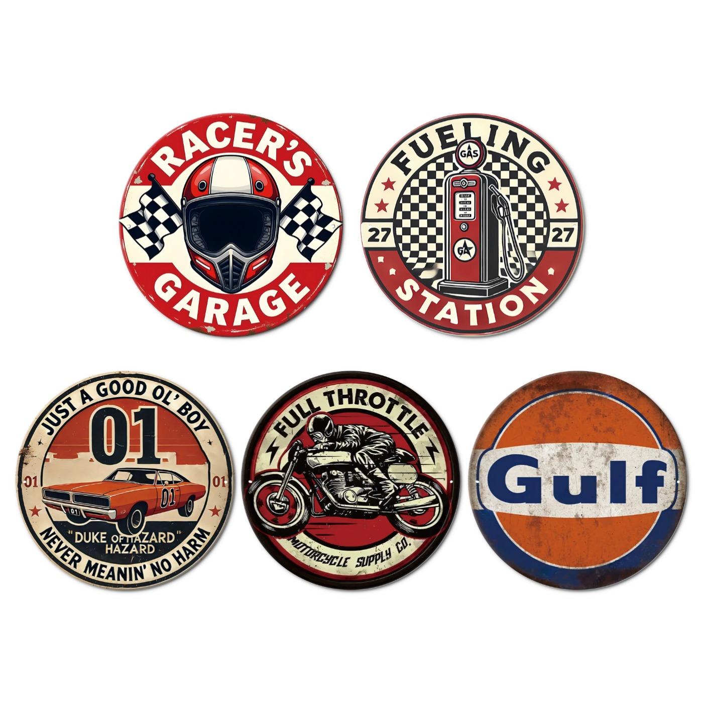 5 Pieces Retro Gulf & Racer's Garage Style Tin Plate Painting ...