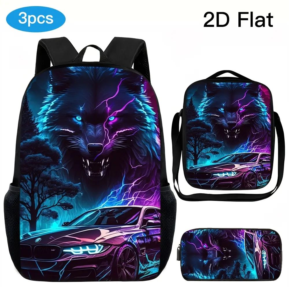 Neon Wolf Animal Print Casual Youth Sports Backpack - Stretch Poly Lightweight Kids School Use Bag with Side Pockets, Cool Lightning Graphic Versatile Streetwear Daypack Gift for Wolf Lovers