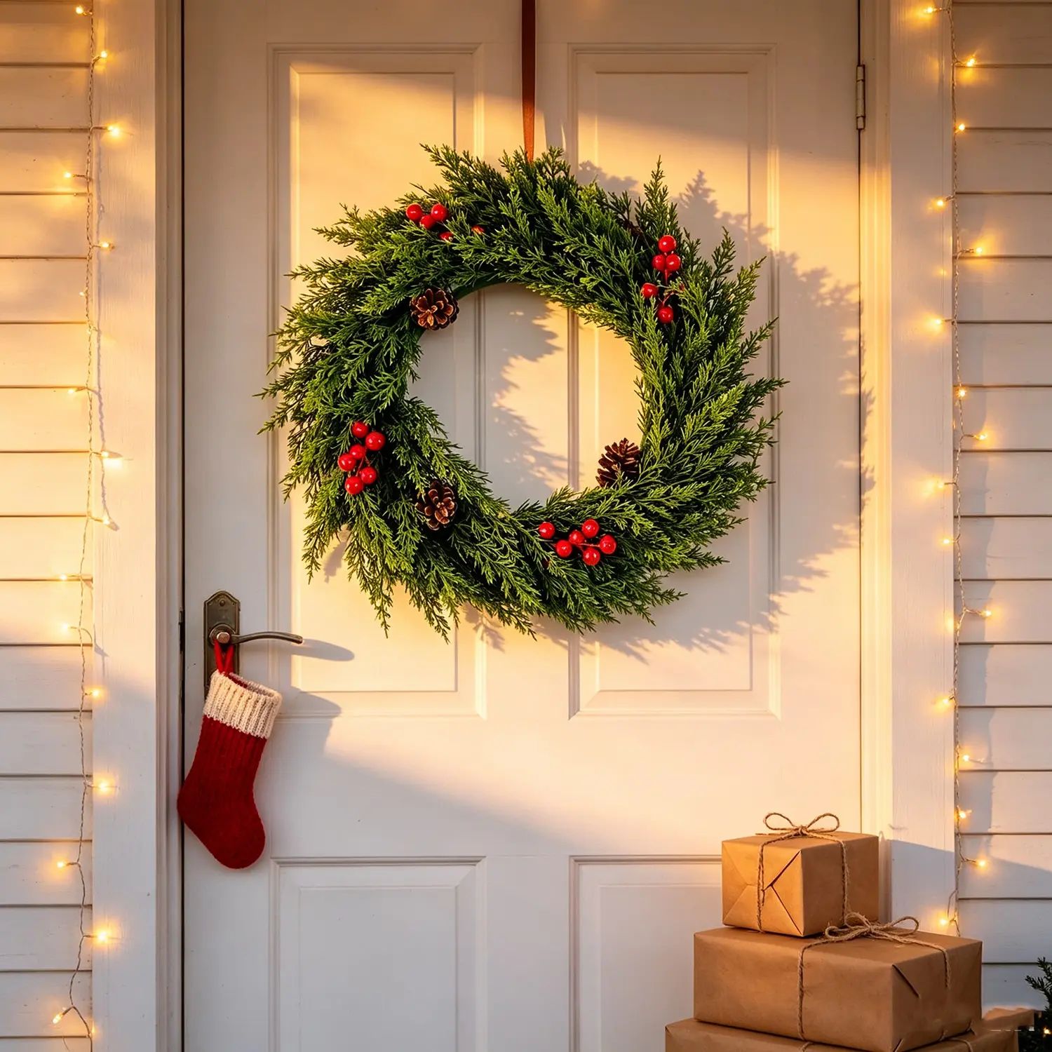 🔥1Pack 18.9 Inch Premium UV & Fade Resistant Waterproof Classic Christmas Wreath, Realistic Plastic DIY Front Door Hanging Ornament, Maintenance-Free For Garden, Patio, Porch Railings, Wedding, Party & Holiday Photo Backdrop