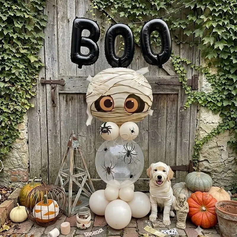 Halloween Mummy Theme Balloon Set, 16-Inch Boo Letter Balloons, Transparent Latex Balloons, Spider Stickers Included, Scary Spooky Decorations