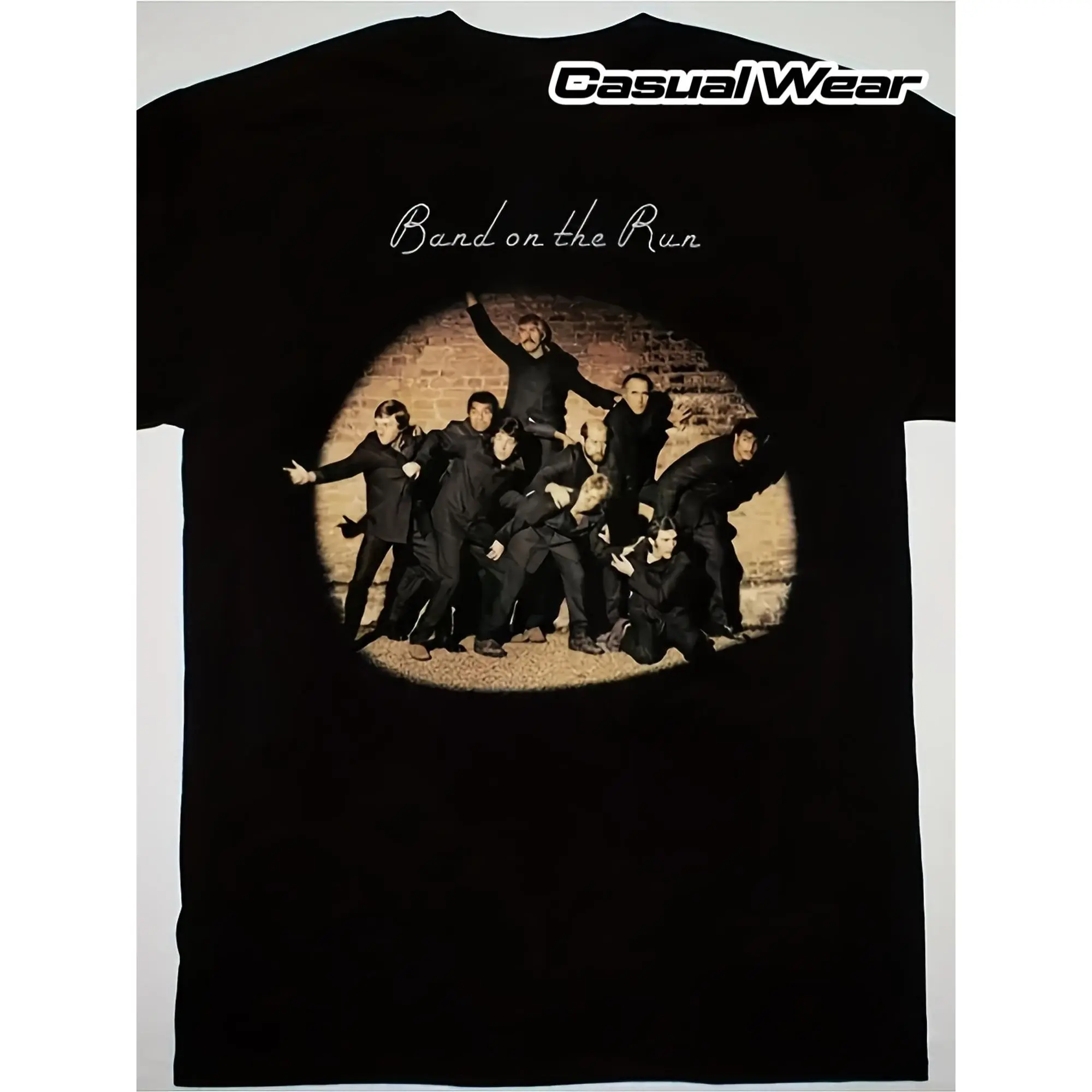 Unisex Paul McCartney Wings Band on the Run 70s British Rock Tshirt - Vintage Oval Brick Wall Group Photo Graphic, Soft Cotton, Loose Fit, Short Sleeve, Lightweight Street Style Garment, Casual Fan Gift Top (Costumes-Inspired), Shortsleeve, Cargo