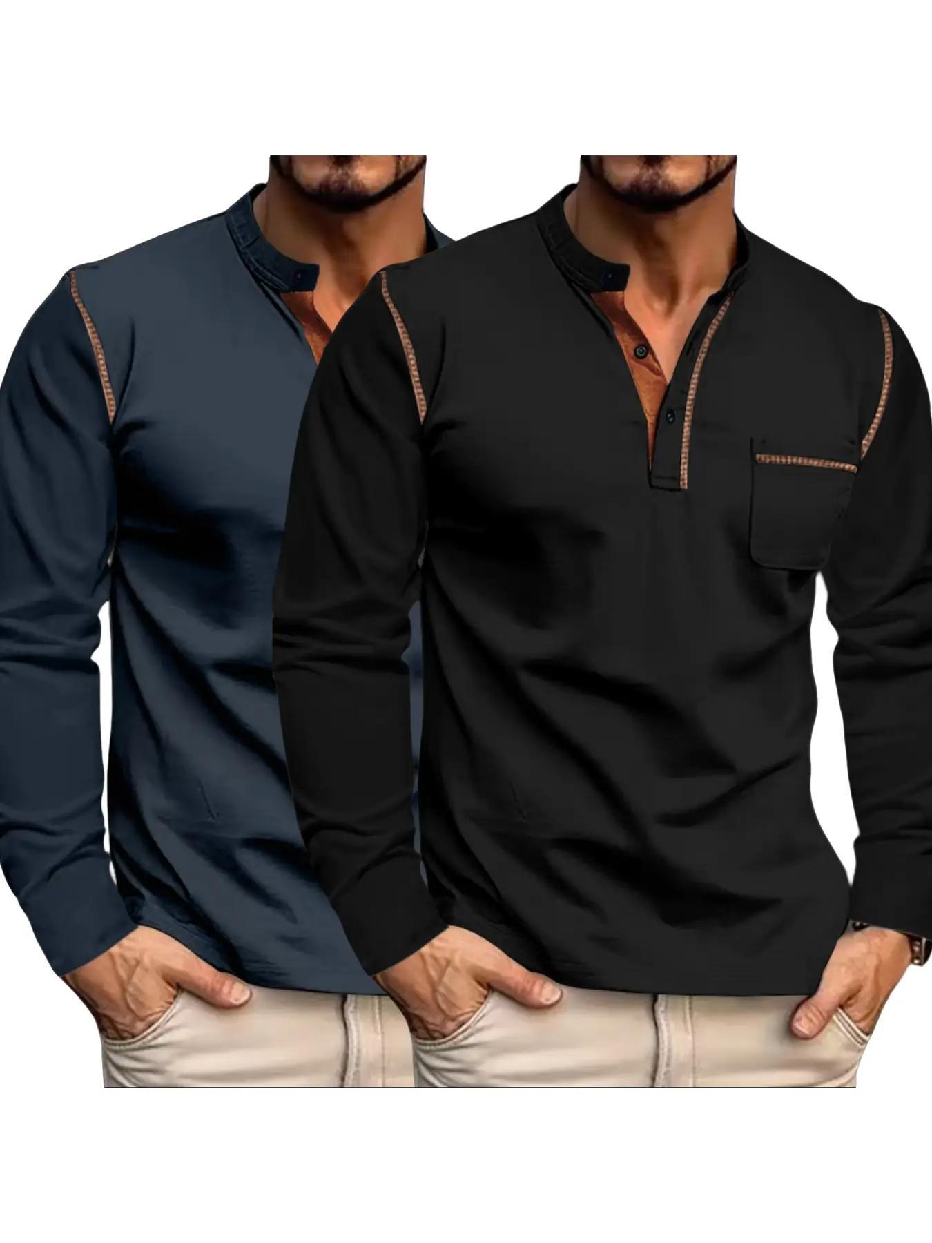 Men's Regular Fit Long Sleeve Pocket T-shirt, Casual Button Front Mock Neck Top for Spring & Fall, Fashion Men's Clothes for Daily Wear