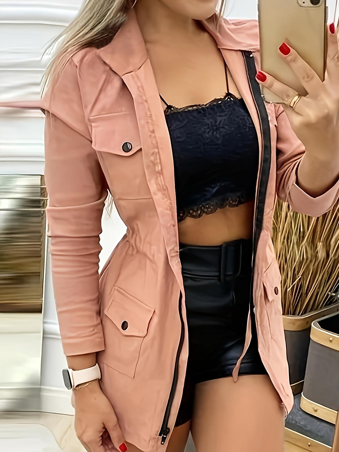 New Spring Autumn Women's Lapel Woven Windbreaker, Slimming Utility Jacket, Casual Fashion Outerwear, Long Sleeve Coat for Ladies