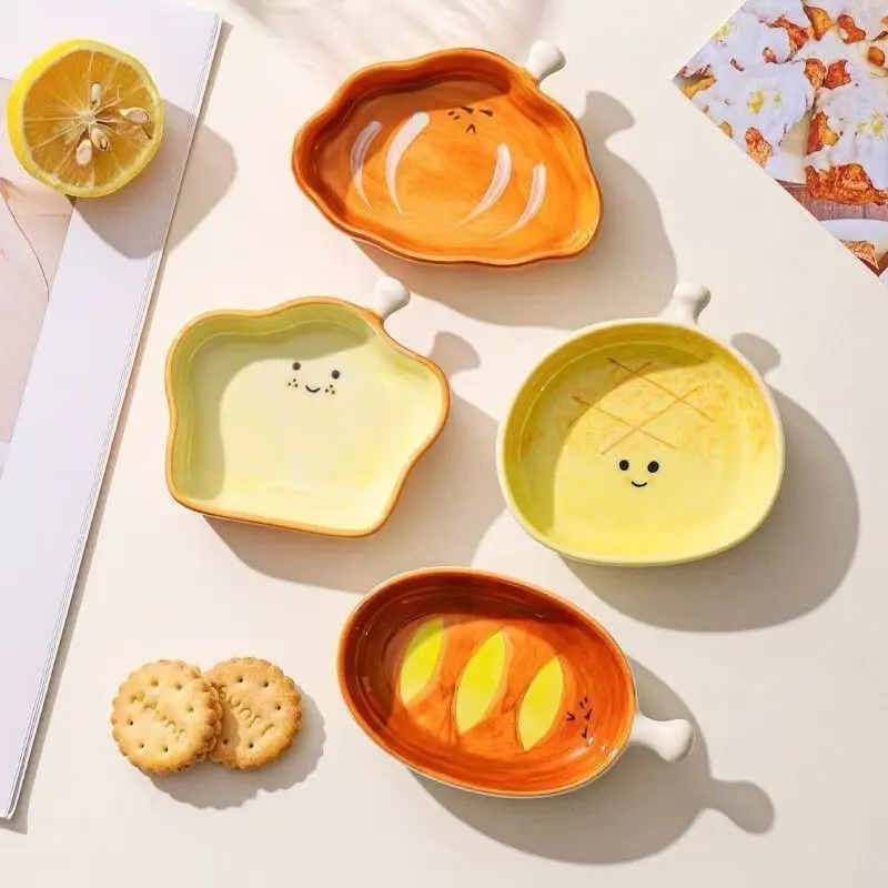 4 pcs Cute Bread Shaped Ceramic Dipping Sauce Dish with Handle, Kawaii Toast Croissant Mini Seasoning Bowl, Ceramic Bowls, Aesthetic Soy Sauce Vinegar Plate for Sushi, Hot Pot, Lovely Housewarming Gift