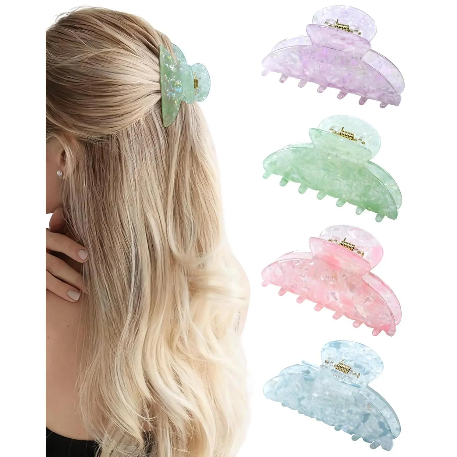 4 Pack Cute Claw Clips for Women Thin Hair, 3.1 Inches Medium Shiny Hair Grip Hairclips Bulk, Banana Hair Clups Strong Hold Colorful Hair Accessories (Blue, Green, Purple, Pink)