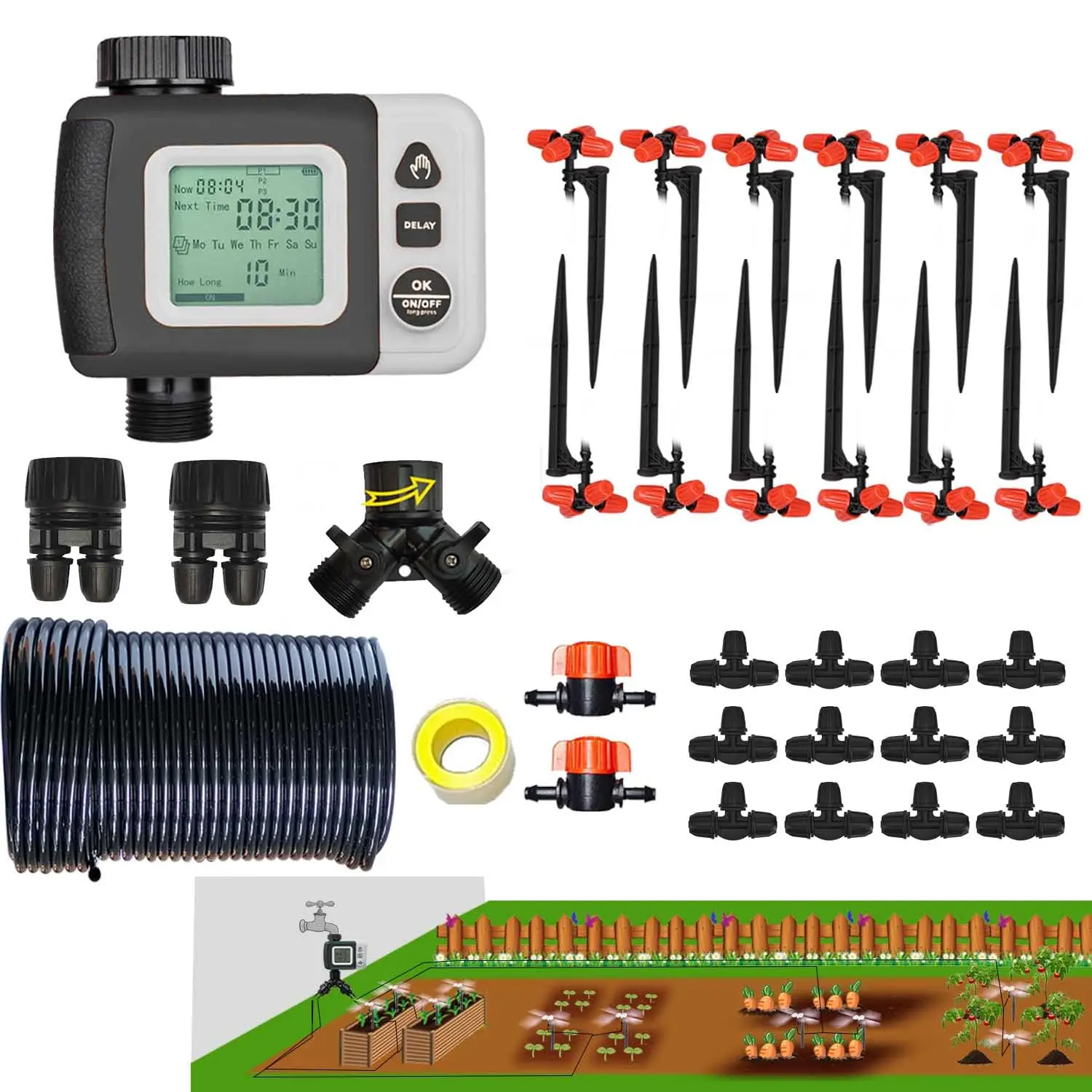 Drip Irrigation Kit Automatic Watering System with Water Timer 64FT 1/4 Tubing and 12 Rain  Watering Nozzles in 4 Directions for Potted  Yard Lawn Juvenile  Greenhouse Mist