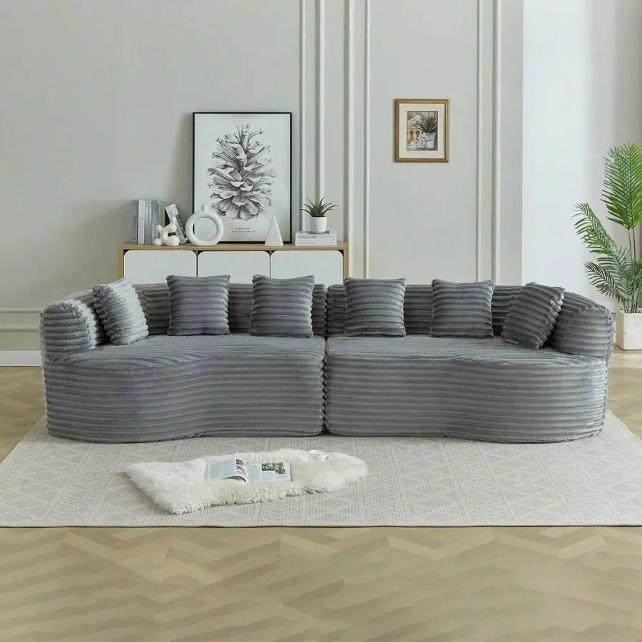 Beige/Grey Oversized Corduroy Cloud Sofa - 111.5 in Curved 4-Seat Modular Sectional Comfy Couch, Deep Seat Couch, Rounded Arms, Foam Cushion, Clean Luxury, Durable Build, Fully Assembled, Watch Party Living Room Furniture