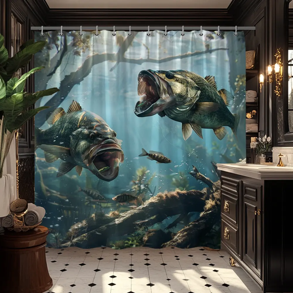 Bass Fish Underwater Aquarium Shower Curtain - Single Piece Realistic Sunken Log Aquatic Plants Bathroom Decor Hooks Included