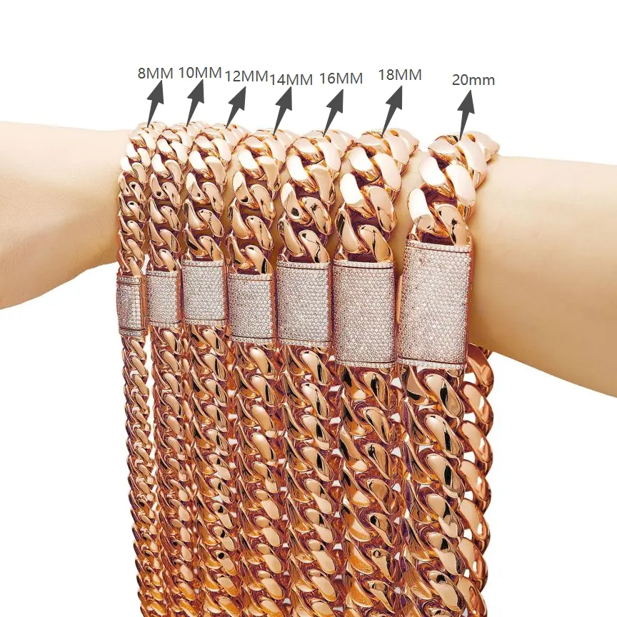 Men's Miami Cuban Chain Necklaces & Bracelets - Men's Accessories, High-Quality Stainless Steel, Rose Gold Vacuum Nano Plating, 8-20mm Thick Width, 7.5-30in Length, Hiphop Street Style, Hypoallergenic, Hiphop Street Look