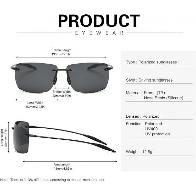 Unisex Lightweight Polarized Sports Sunglasses Tr90 Rimless Frame Outdoor Running Fishing Baseball Driving Shades