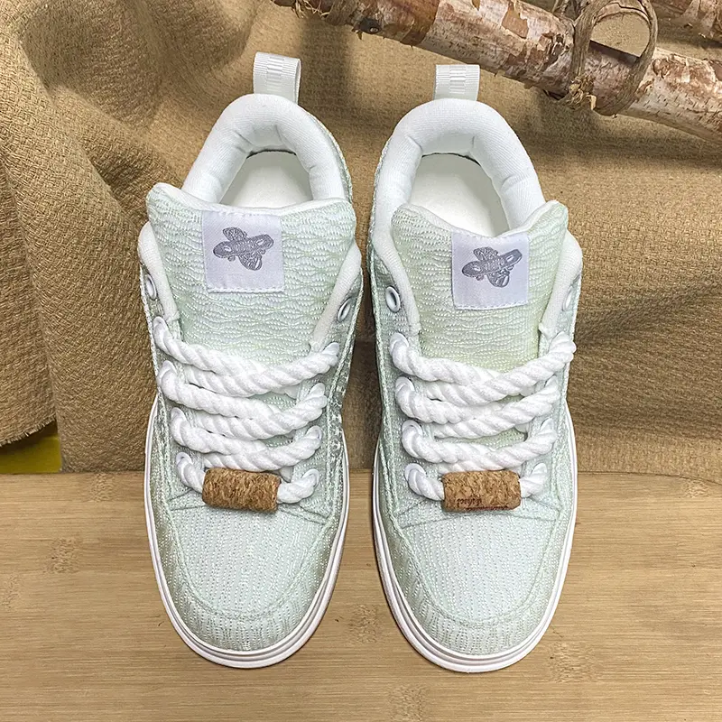 Light Mint Green Textured Jacquard Skate Shoes Chunky White Twisted Rope Laces Soft Platform Canvas Sneakers Unisex Streetwear