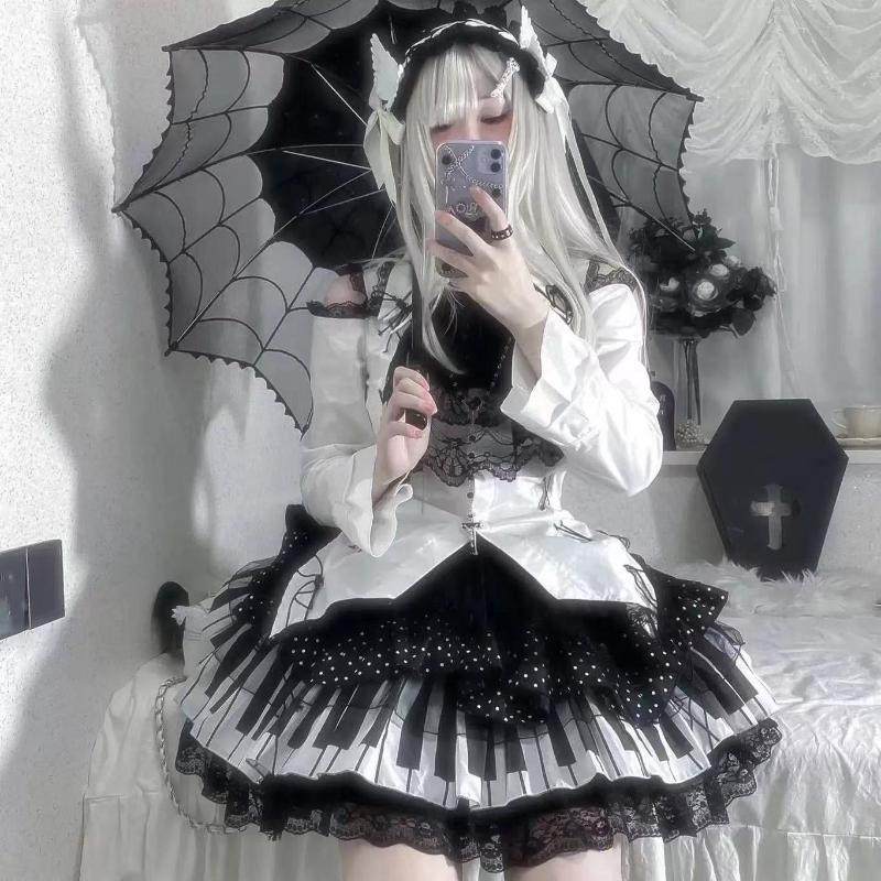 Y2k Gothic Punk Black White Short Skirt Women Hot Chick Darkly Polka Dot Ruffle Cake Skirt Female Sweet Chic Lolita Lace Skirts