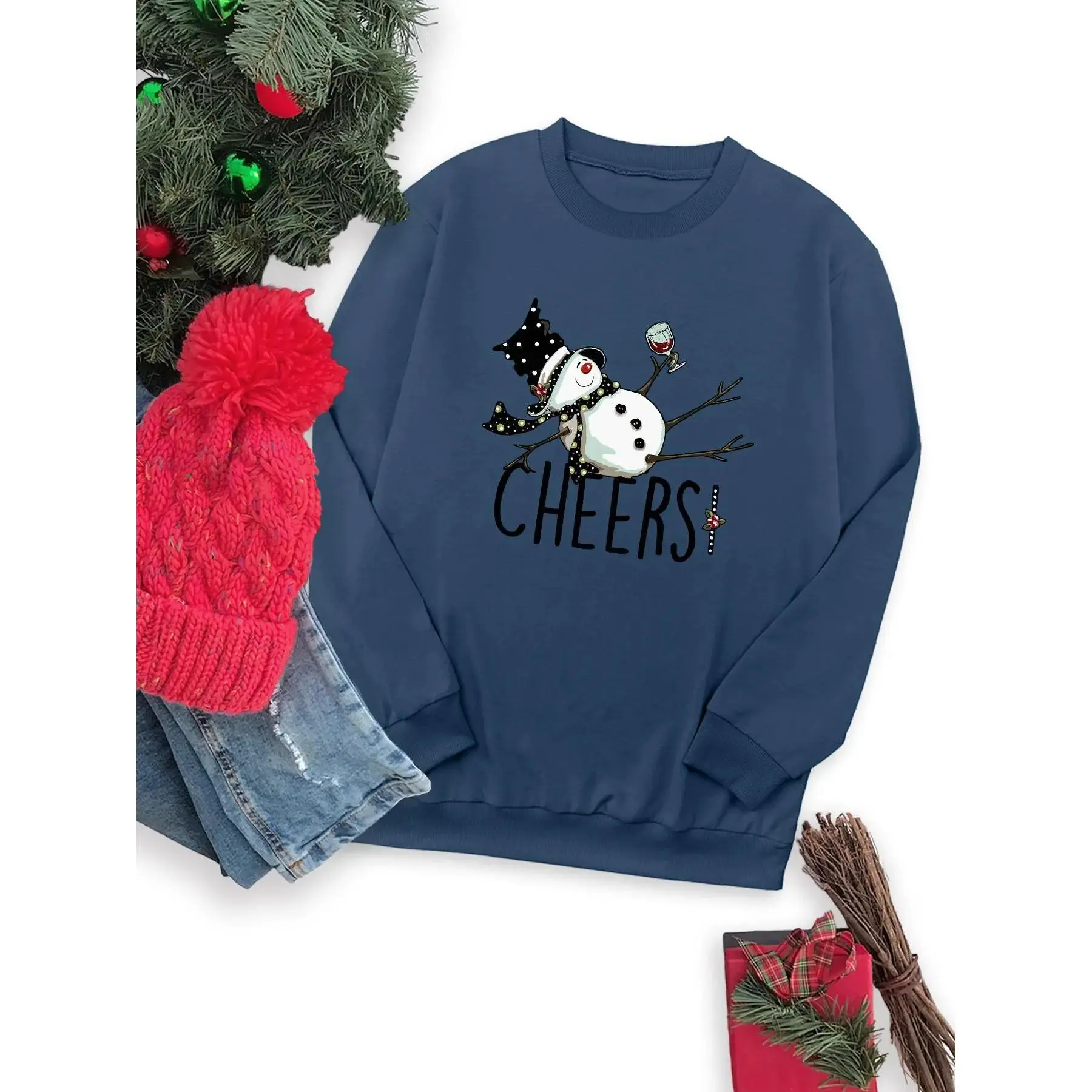 Women's Christmas Themed Cartoon Snowman Print Drop Shoulder Sweatshirt, Casual Long Sleeve Round Neck Pullover for Daily Wear, Ladies Fall & Winter Clothes
