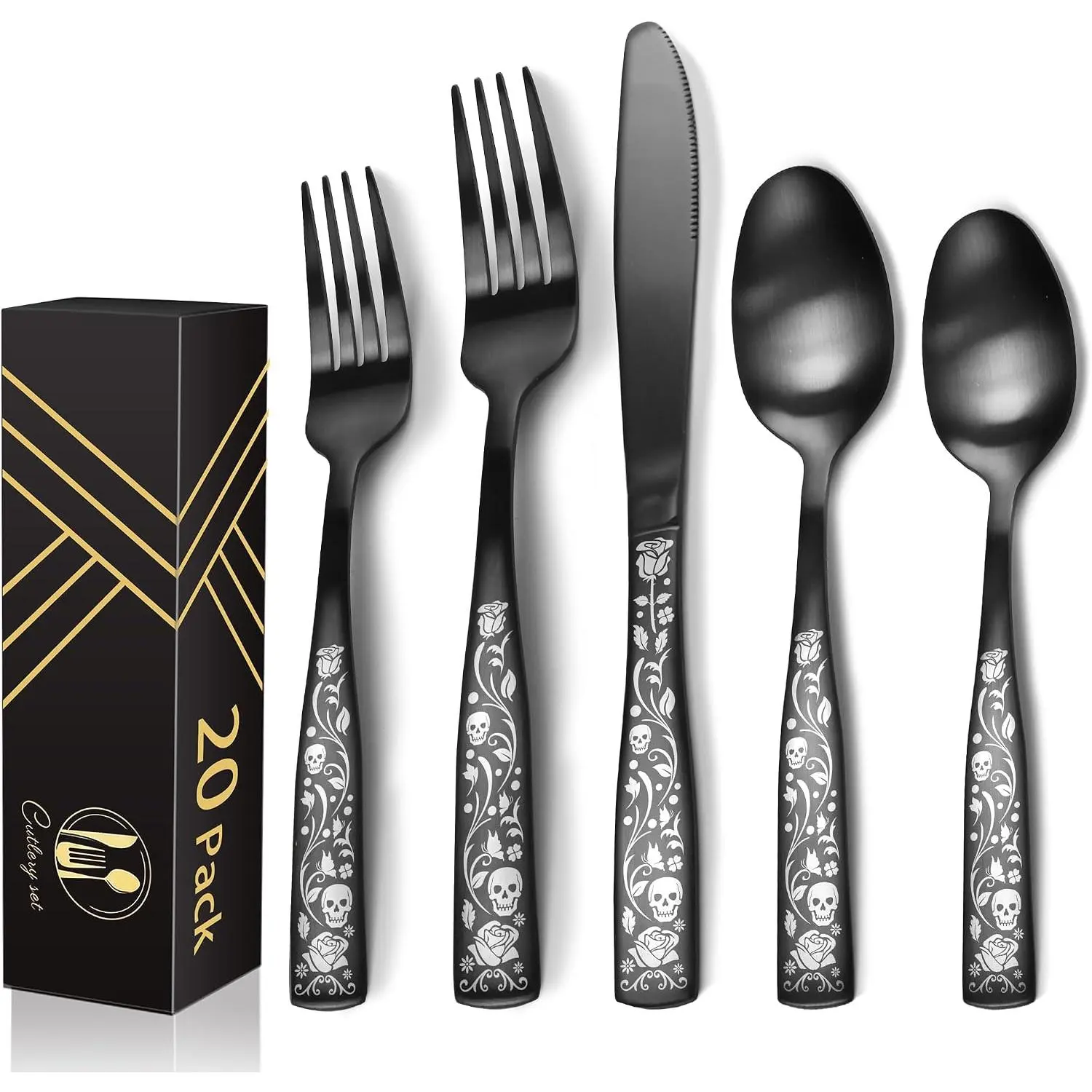 20- Matte Black Silverware Set for 4, Skull Rose Cultery Set 18/0 Stain Finish Stainless Steel, Gothic Skeleton  Decorative Flatware Set, Daily Halloween Party Event Serving For 4