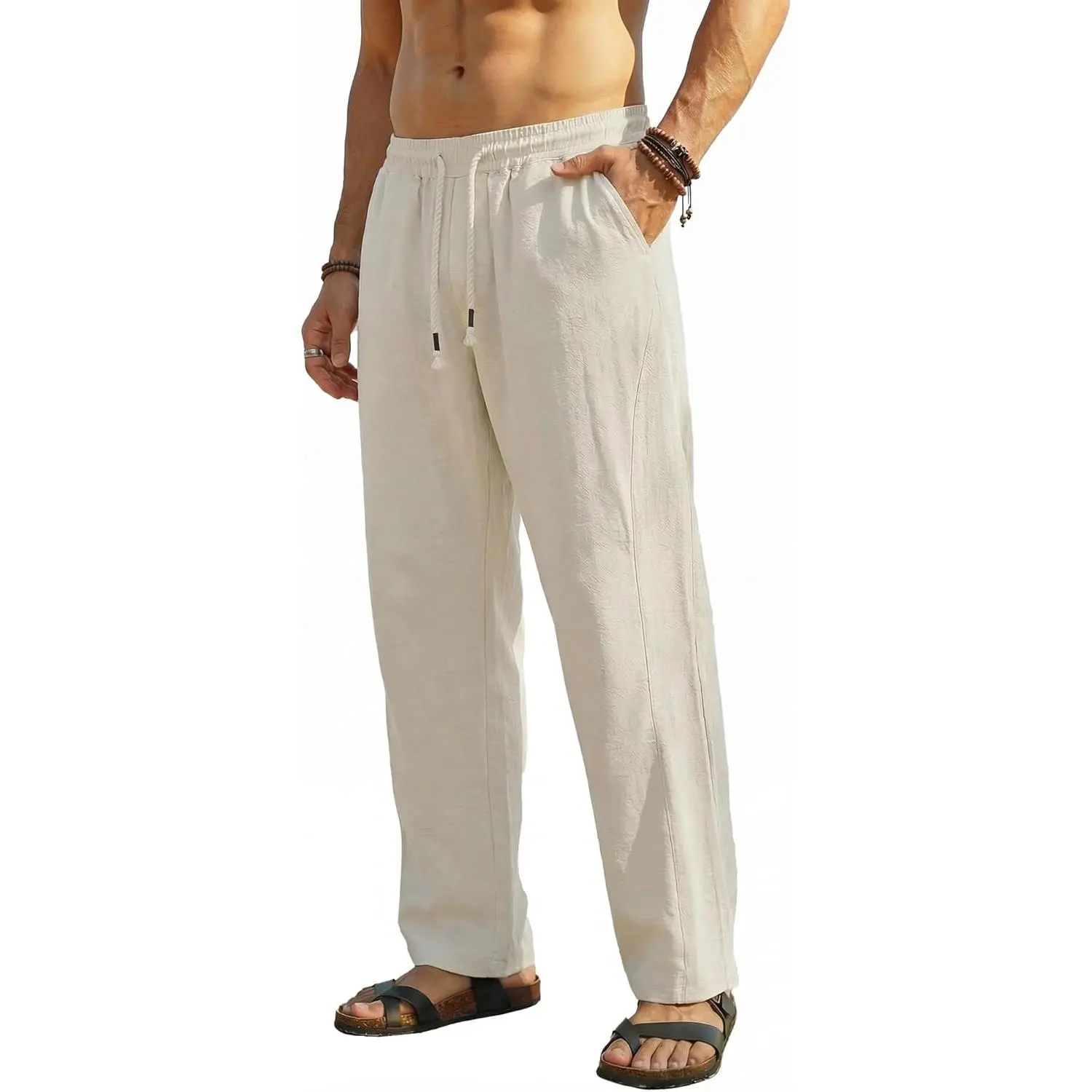 Faux Linen Textured Ankle Pants Lightweight Breathable Casual Slacks Braided Drawstring Cropped Seamed Trousers Apricot