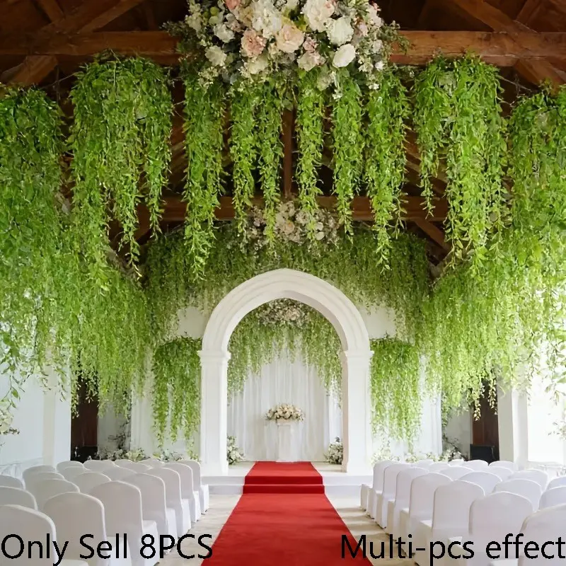 314.96-inch 8pcs Artificial Weeping Willow Hanging Decor, Artificial Faux Plants, Fake Plants, Plastic Plant with Green Leaves and Vine, UV Resistant, Spring/Summer Decoration, Dangling Design, No Power Needed for Outdoor/Indoor Door, Wall, Window Hanging