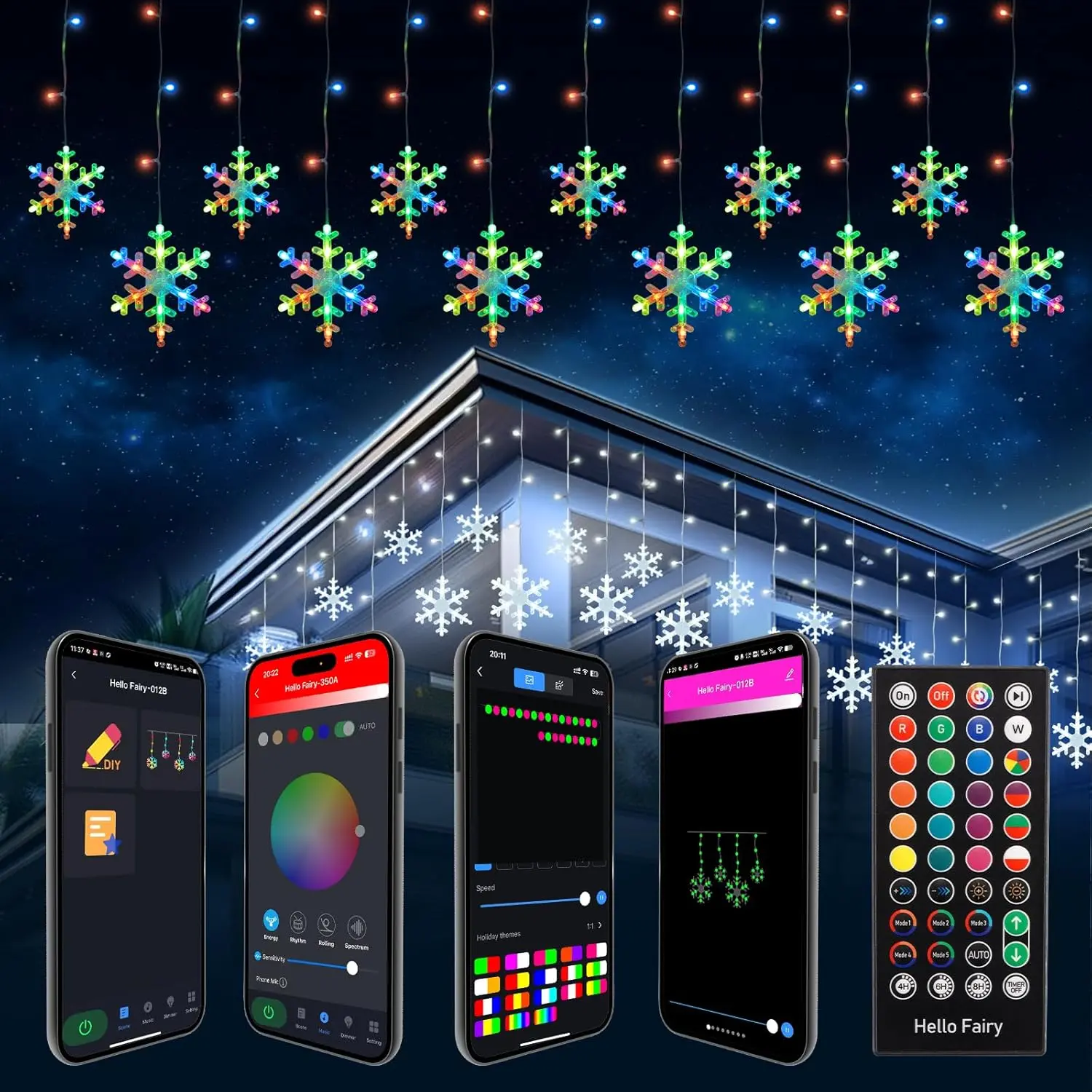 Christmas Snowflake Icicle Lights, 11.5ft 156 LED 12 Drops Plug in, APP Remote Control 16 Million Colors, Curtain Lights Connectable with Timer &  Sync for Xmas Decor Indoor Outdoor
