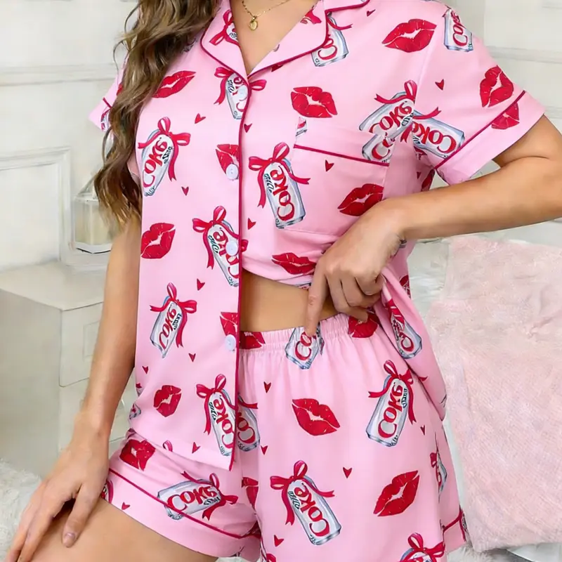Two piece Valentine's Day women's foundation make-up bow soda bottle red lip print red love print pattern short sleeved shorts soft comfortable top small pocket elastic waist women's pajamas set