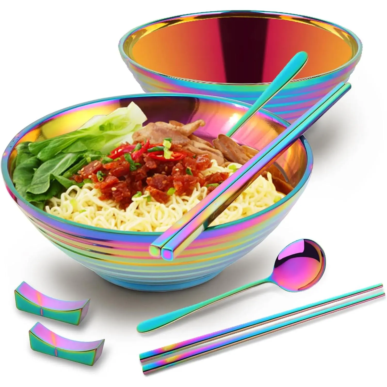 Ramen Noodle Bowl, 2 Set (8PCS) Stainless Steel  Style Soup Bowls and Spoons Set with Chopsticks & Chopsticks Holders for Udon Soba Pho  Noodles, Rainbow
