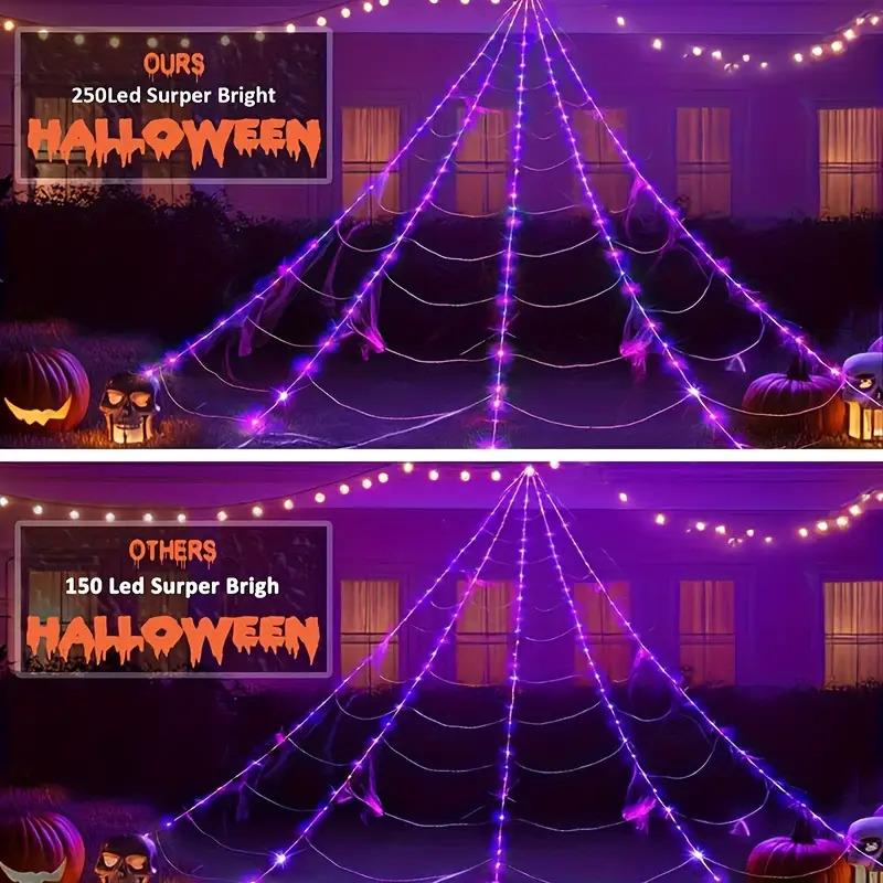 16ft Giant Spider Web LED Lights 250 Purple 8 Light Modes Outdoor Halloween Decor No Power Needed Easy Hang Spooky Show