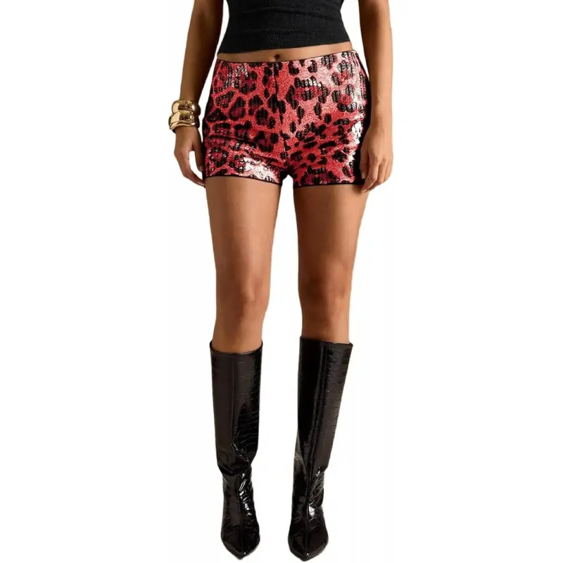 Women's Wardrobe  MakeMeChic Women's Cheetah Sequin Micro Shorts| Cheetah Print Shorts, Y2K, Sequin, Leopard, Mini, Micro Shorts