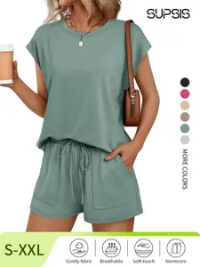 Women's Solid Curved Hem Tee & Adjustable Drawstring Waist Shorts Set, Casual Cap Sleeve T-Shirt & Pocket Shorts, Summer Loungewear,Top selling items, Limited time deal,Top quality ,Sturctured top,Summer must-buy,stuctured set,S-XXL