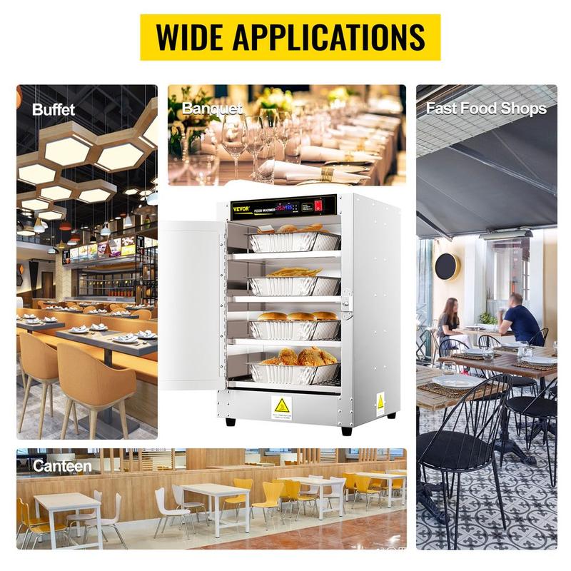 VEVOR Hot Box Food Warmer, 16"x16"x24" Concession Warmer with Water Tray, Four Disposable Catering Pans, Countertop Pizza, Patty, Pastry, Empanada, Concession Hot Food Hold Tested to UL Standards