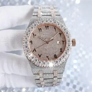 Full Cover Iced Out Rhinestone Automatic Watch For Men Round Arabic Dial Waterproof 22mm Band 30cm Length Luxury Street Jewelry