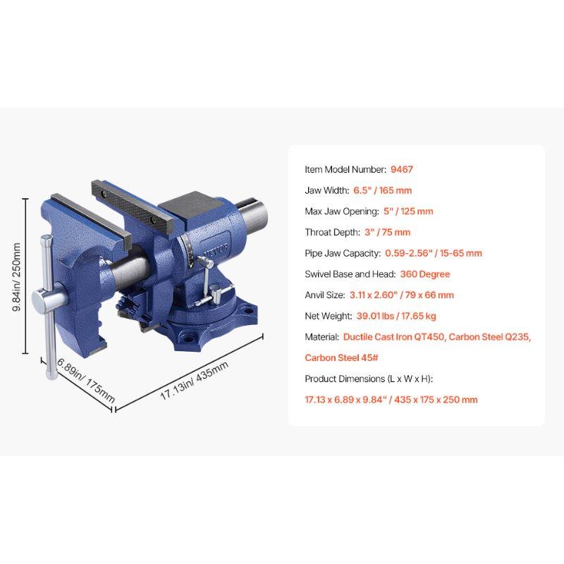 VEVOR Heavy Duty Bench Vise, 6-1/2 Jaw Width, 5 Max Jaw Opening Multi-Purpose Ductile Iron Bench Vise with Anvil, 360 Swivel Base Head, 3 Throat, 5620 lbs Clamp Force, for Pipe Repairing Metalworking