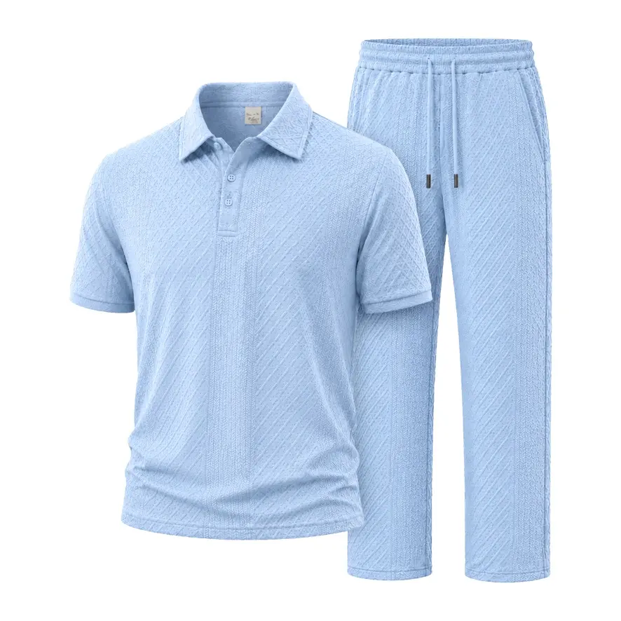 Trending Men’s Polo & Long Pants Set, Jacquard Texture Summer Outfit, Lightweight Breathable Sport Set, Streetwear Matching Set