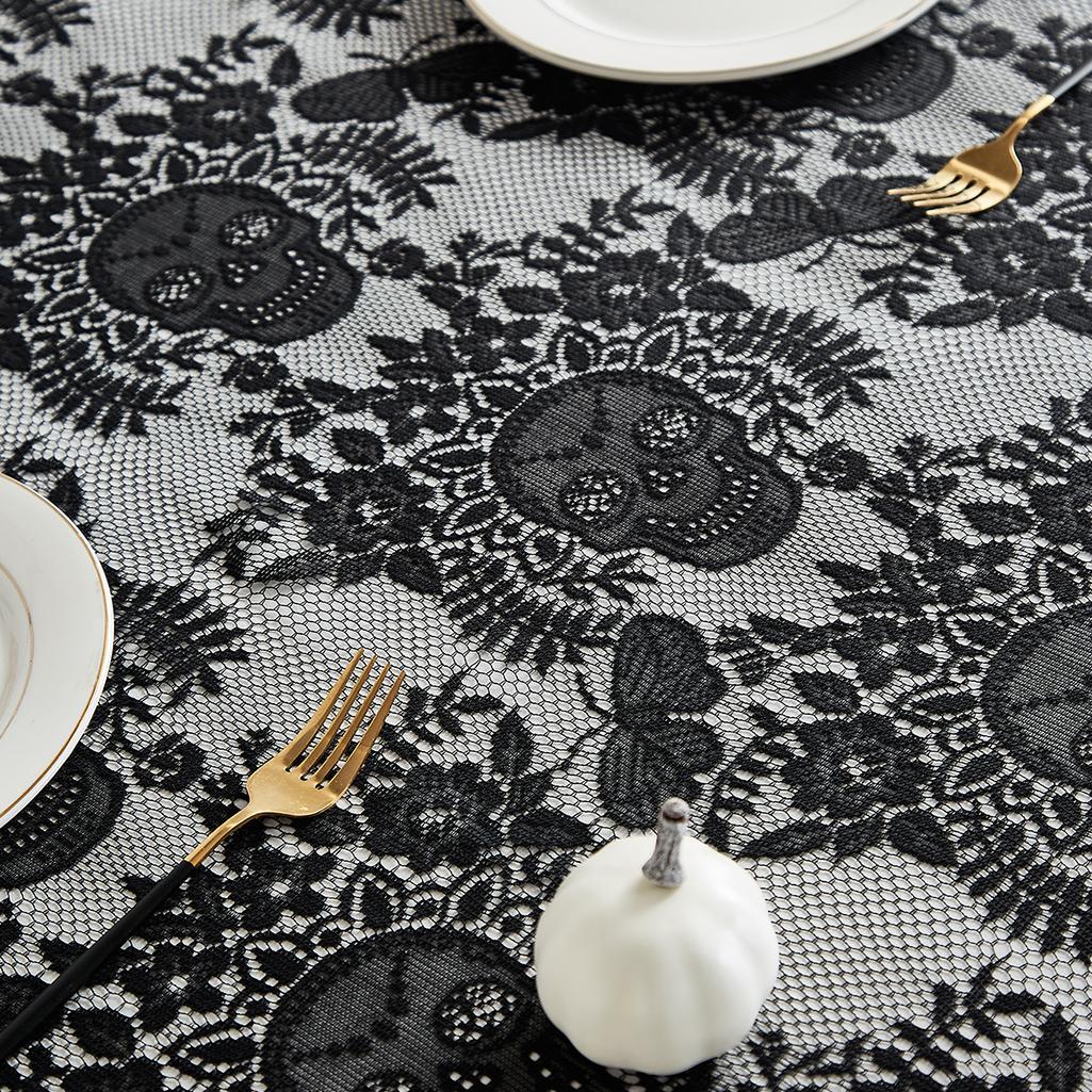Skull & Floral Pattern Lace Tablecloth, Durable, Easy Maintenance, 1 Count Rectangular Tablecloth, Table Decoration Supplies for Home Kitchen Dining Room Party, Halloween, Table Setting