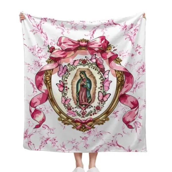 Our Lady of Guadalupe Pink Bow Floral Butterfly Religious Flannel Throw Blanket Catholic Virgin Mary Ornate Frame Faith Home Decor 30*40in 40*50in 50*60in 60*80in US Local Shipping multifunctional couch bed living room Custom Coloring 3D cooling blankets