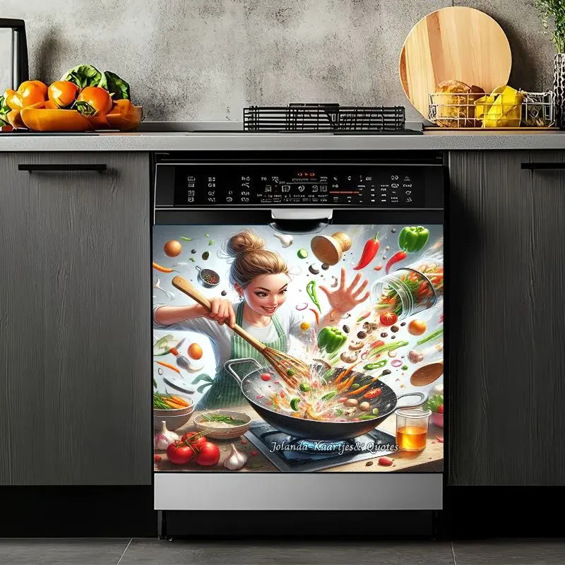 2D Flat 2Pcs Kitchen Art Dishwasher Cover Decal Cooking Chef Sticker Colorful Vegetables Food Pattern Removable Appliance Front Panel Decoration Waterproof PVC Self-Adhesive Film for Home Decor Refrigerator Stove Cabinet Laundry Washer