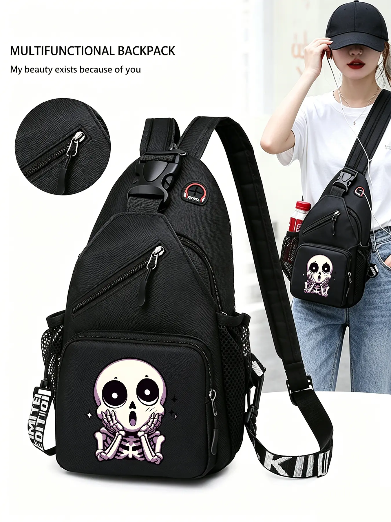 Cute Day of the Dead Skull Patterned Convertible Crossbody Bag/backpack, Crossbody Shoulder Handbag, Multi-functional Chest Bag with Convertible Zippered Shoulder Strap, Multiple Pockets, Suitable for Travel, Sports, and Daily Commuting, Halloween Gifts
