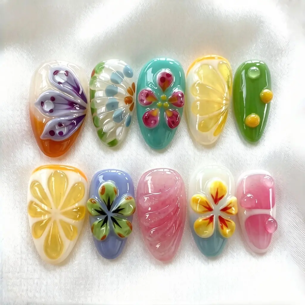 10pcs Press on Nails, Flower Nails, Decorative Nails, Almond Shape 3D Floral Spring Nails, Bright Citrus Kiwi Butterfly Design Handmade False Nails, Reusable Summer Nails Beach Easy to Wear for Parties, Daily & Dancing, Nail Kit